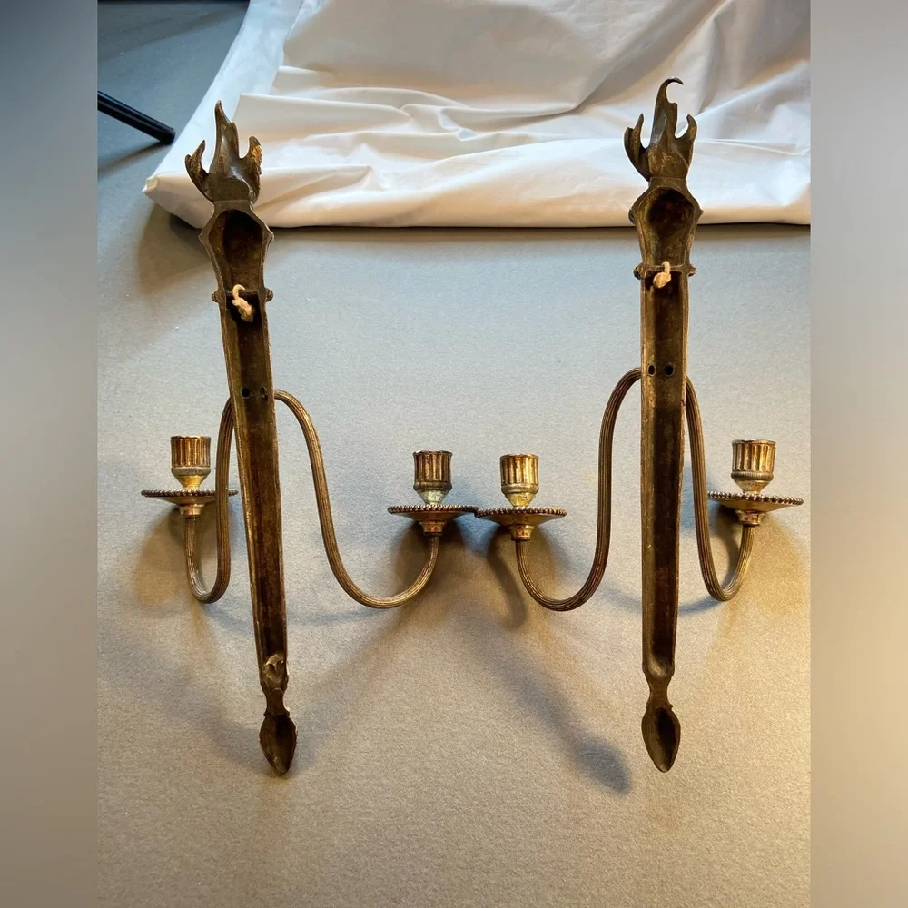 Pair Candle Wall Sconces,‎ 2 arms,Silver tone, flame on top, pine cone on bottom